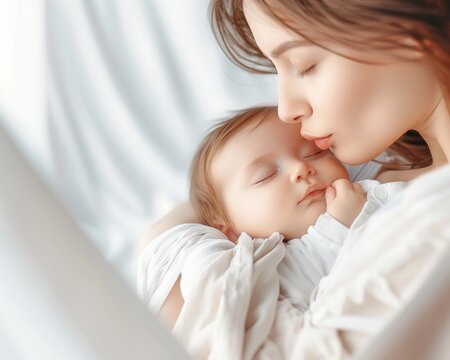 A mom kisses her newborn baby forehead lovingly, passionate kiss pic