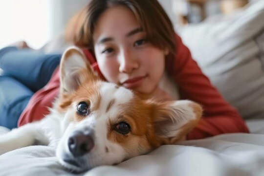 A woman relaxing on a couch with her white and brown dog, cute kiss photo