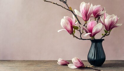 still life of pink magnolias branch of blooming flowers arrangement in a tall black vase soft...