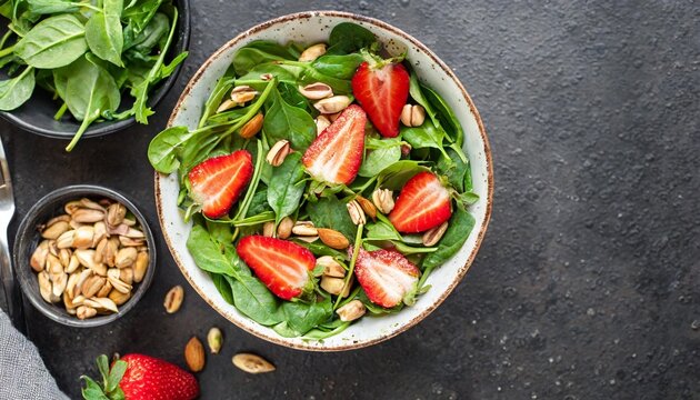 summer vegan salad dietary salad with strawberries arugula spinach nuts and pumpkin seeds in a bowl on a black stone background top view flat lay copy space vertical