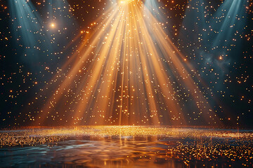 Podium with golden light lamps background. Golden light award stage with rays and sparks
