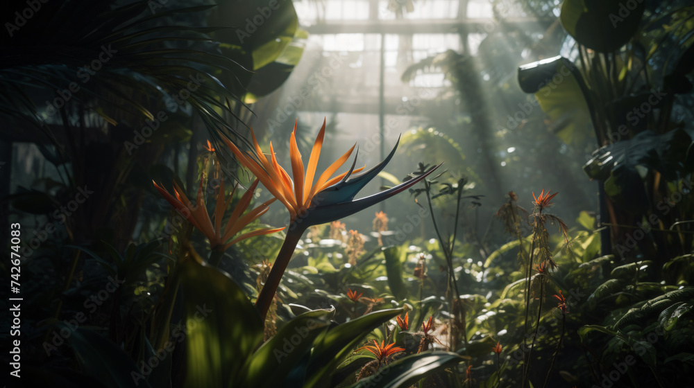 Poster hyper-realistic images of a bird of paradise creating an oasis in a sunlit conservatory. frame the c