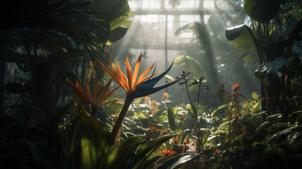 hyper-realistic images of a Bird of Paradise creating an oasis in a sunlit conservatory. Frame the composition to capture the warmth and inviting atmosphere, emphasizing the cinematic qualities of the