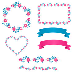 Vector illustration of flower wreath frame and flower decoration set.