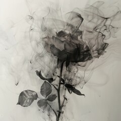 Abstract black rose with smoke effect. White background. Japanese ink painting style