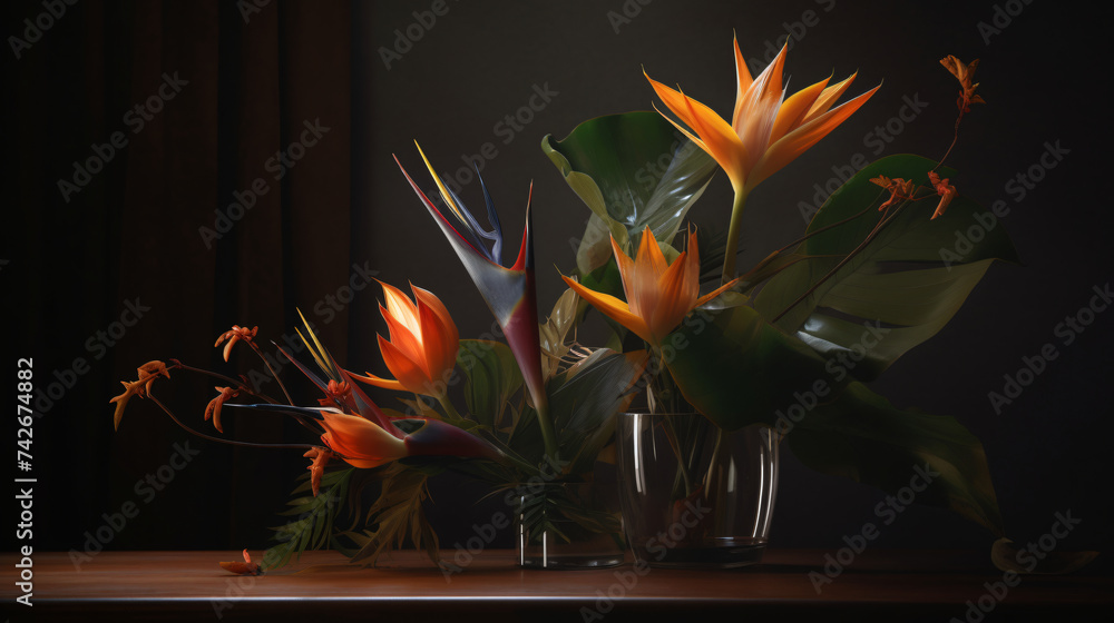 Poster hyper-realistic images of a bird of paradise creating an oasis in a sunlit conservatory. frame the c