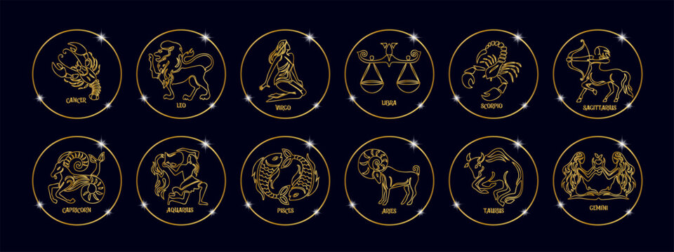 Set of zodiac signs in golden shiny circles. Golden design on a black background. Icons, templates, vector