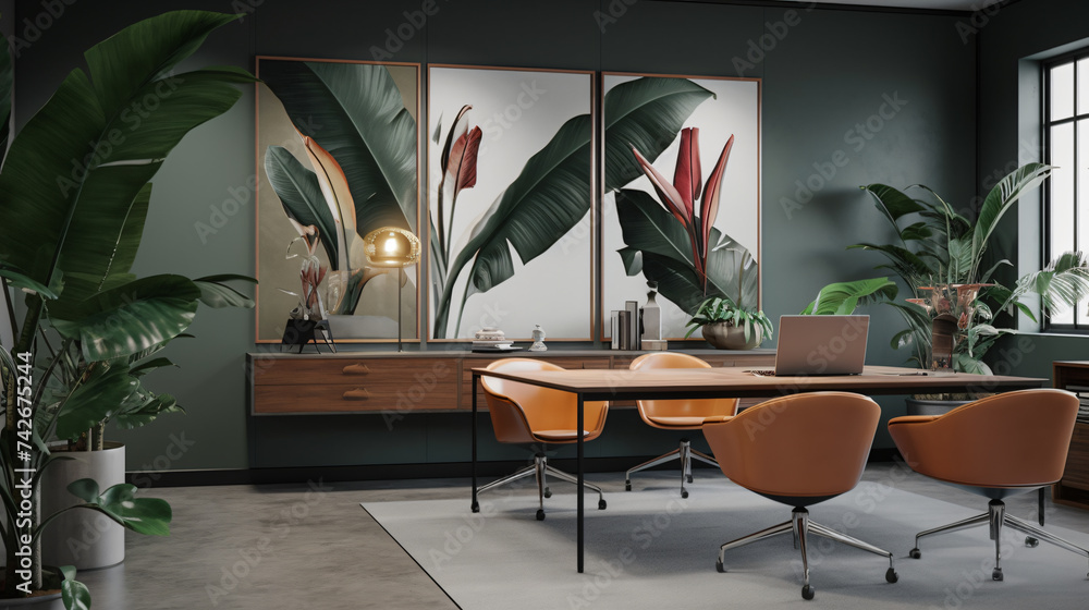 Poster hyper-realistic images of bird of paradise leaves reflecting in a modern office setting. frame the c