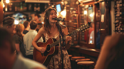 A young woman is singing and playing guitar in a pub with a crowd of people in the background. The woman wearing a dress, The pub crowded, The woman in the foreground with the pub in the background,