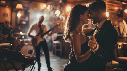 The couple are dancing in a pub to the music of a live band. The couple young, The couple in the foreground with the band in the background, The photo convey a sense of love, romance.
