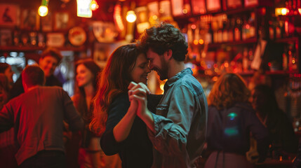 The couple are dancing in a pub to the music of a live band. The couple young, The couple in the...