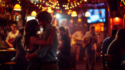 Obraz premium The couple are dancing in a pub to the music of a live band. The couple young, The couple in the foreground with the band in the background, The photo convey a sense of love, romance.