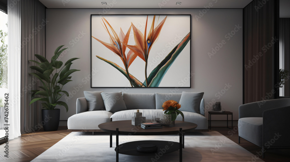Poster hyper-realistic images of a bird of paradise grove in a stylish bedroom. frame the composition to ca