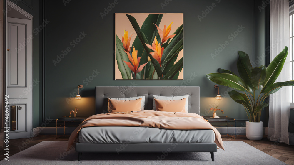 Poster hyper-realistic images of a bird of paradise grove in a stylish bedroom. frame the composition to ca