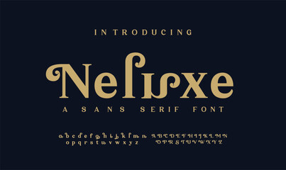 Nelisxe Creative modern alphabet. Dropped stunning font, type for futuristic logo, headline, creative lettering and maxi typography. Minimal style letters with yellow spot. Vector typographic desi