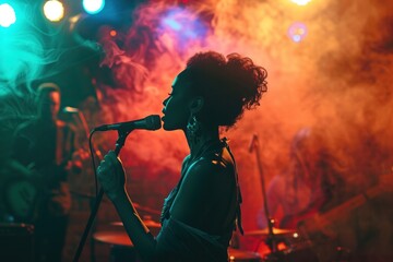 Fototapeta na wymiar African female singer with curly hair, intense red and blue stage lights, smoke, band playing in smokey club