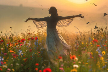 Woman with wings in sunny flower field, looks like fairy, birds flying, warm light