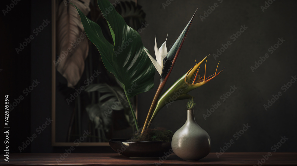 Poster hyper-realistic images capturing abstract patterns created by bird of paradise leaves in unique and 