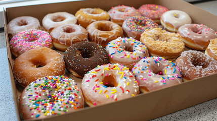 Box of mixed doughnuts with sprinkles and frosting, perfect for sharing, joyful and festive atmosphere on National Doughnut Day
