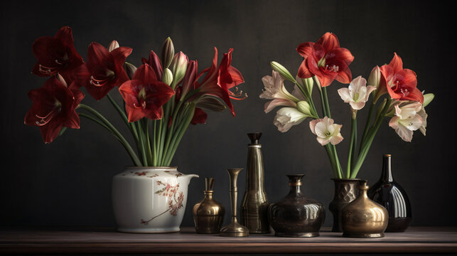 beauty of Amaryllis blooms bringing tranquility to a botanical conservatory. Frame the composition to capture the simplicity and elegance of the Amaryllis in a refined and cinematic environment. Empha