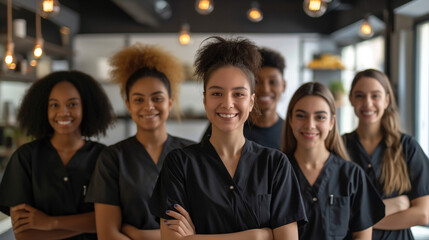 Group of beauticians smiling, team photo in a salon, wearing uniforms, showcasing teamwork and dedication on Beautician's Day