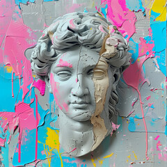 Mixed media art collage with plaster head statue combined with flowers and geometric shapes in vibrant bright pastel colors