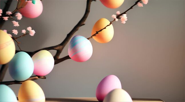 Easter eggs and tree branches in a vibrant spring scene, symbolizing celebration and joy in spring.
