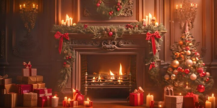 ireplace background fireplace with a decorated mantel and candles on either side with presents and a wreath on the wall behind the fireplace room decorated for christmas fireplace 4K Video