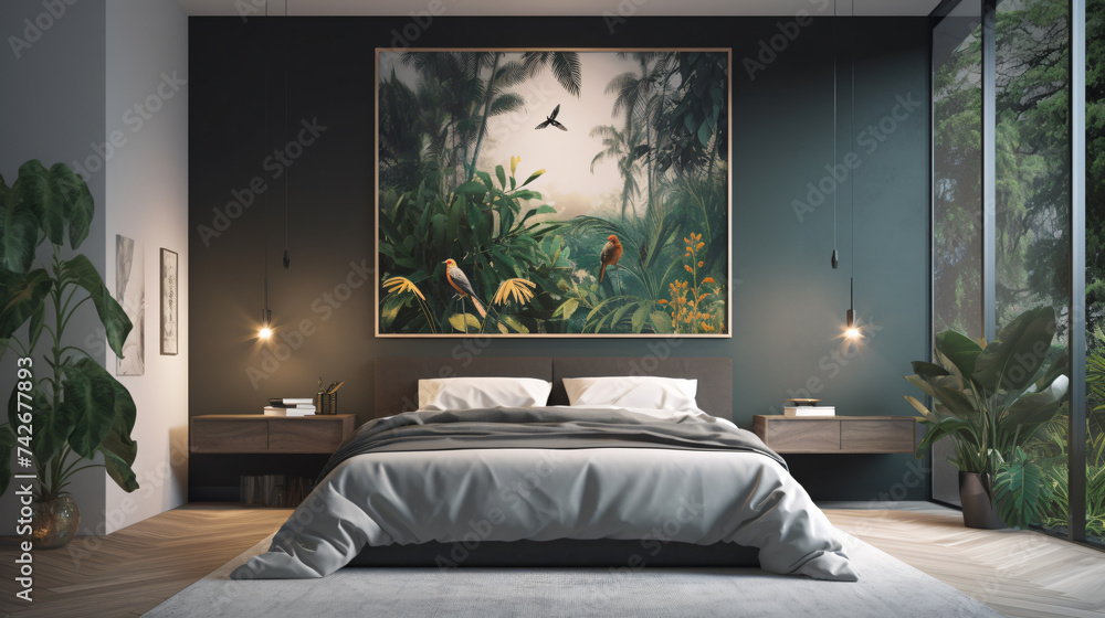 Aufkleber hyper-realistic images of bird of paradise leaves reflecting in a modern office setting. frame the c