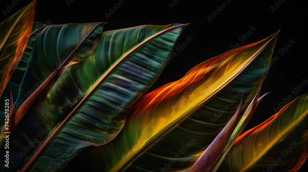 Poster hyper-realistic images capturing abstract patterns created by bird of paradise leaves in unique and 