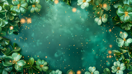 Serene green flowers bathed in mystic golden light, ethereal background. St Patrick's Day concept.