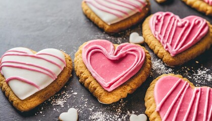 Obraz na płótnie Canvas heart shaped cookies pink icing on love pastry baked and hand decorated with love showing romantic emotions with home made cookies card banner