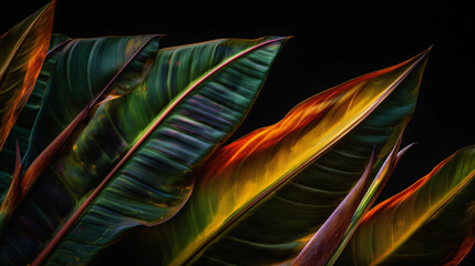 hyper-realistic images capturing abstract patterns created by Bird of Paradise leaves in unique and creative compositions. Frame the scenes to emphasize the artistic and organic nature of the Bird of 