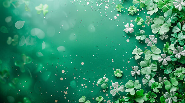 Serene green flowers bathed in mystic golden light, ethereal background. St Patrick's Day concept.