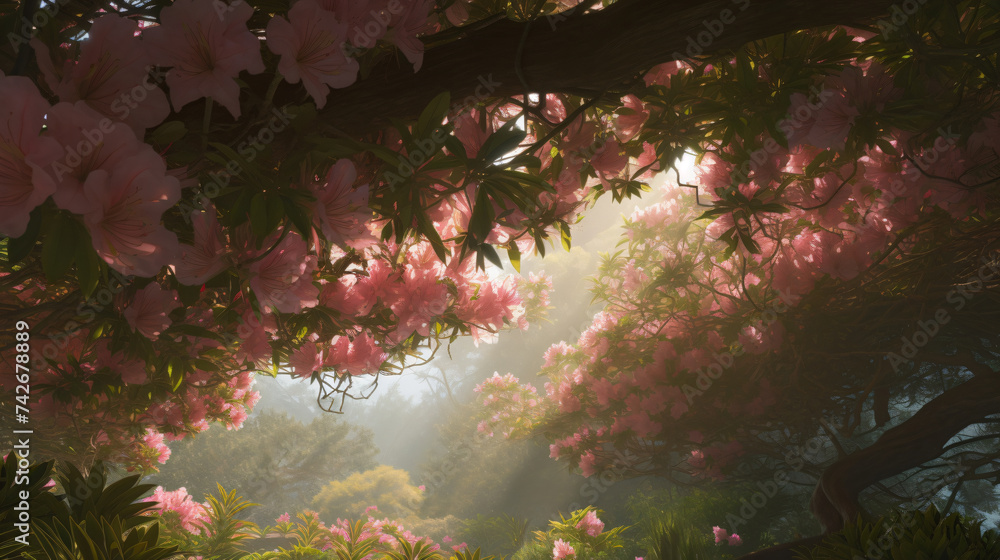 Poster hyper-realistic images of an azalea canopy basking in soft ambient light. frame the composition to h