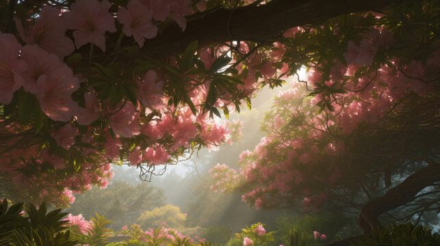 hyper-realistic images of an Azalea canopy basking in soft ambient light. Frame the composition to highlight the play of light and shadow on the intricately arranged flowers, emphasizing the cinematic