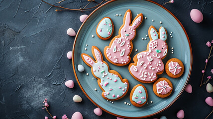  Delicious sweet Easter cookies in the shape of a rabbit with glaze and a beautiful ornament on a decorative plate