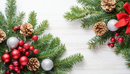 Fototapeta na wymiar pine twigs and christmas decorations in corners isolated on white or transparent background