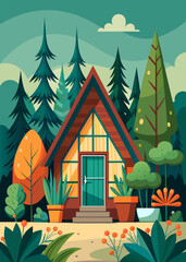 Small stylish wooden house in a pine forest, clay pots with plants in the yard. Vector illustration