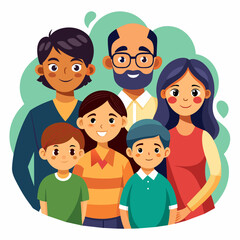 Mom and Dad and the kids stand side by side and smile for a family photo. Vector illustration