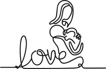 One Line continuous drawing of text love and a Mother holding a baby