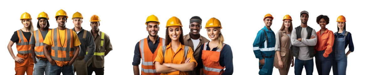Group of young construction worker Happy smiling standing posing together, isolated on white background, png