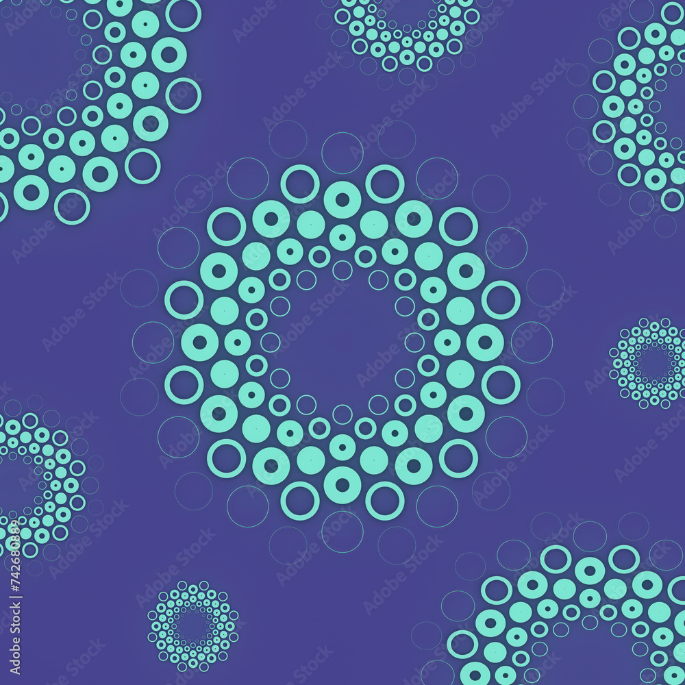 Poster Purple composition with a pattern of circles and dots of different sizes. 3d rendering illustration