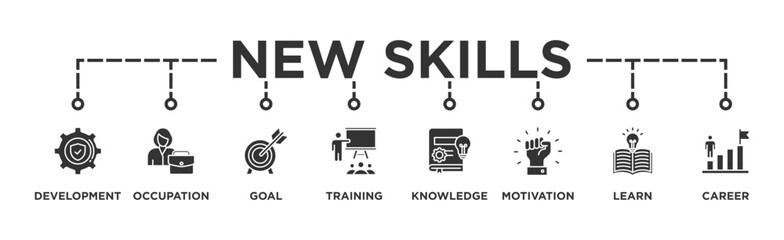 New skills banner web icon illustration concept with icon of development, occupation, goal, training, knowledge, motivation, learn and career