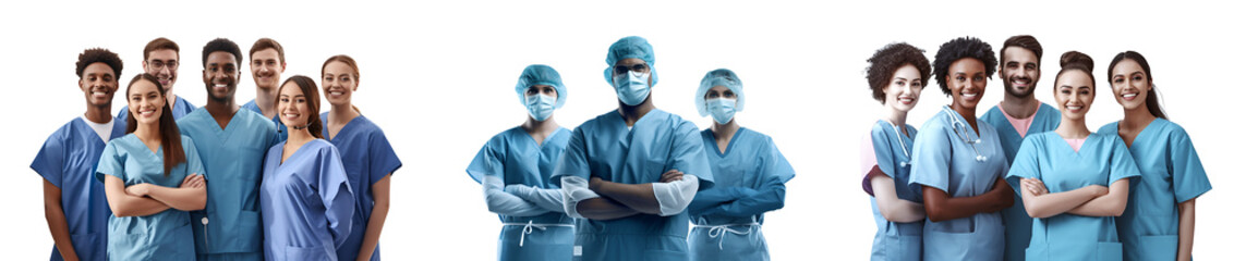 Diverse group of confident team surgeon leading a medical team standing posing together, isolated on white background, png
