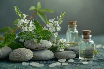 Fototapeta na wymiar Herbal Wellness Background with Fresh Herbs and Oils