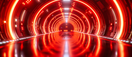 Futuristic tunnel illuminated by neon lights, portraying a modern journey through a vibrant and...
