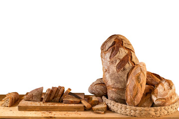 Basket of artisan breads and slices isolated on transparent