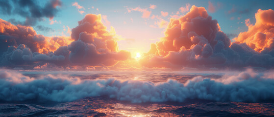 waves and clouds in the rays of the setting or rising sun - obrazy, fototapety, plakaty