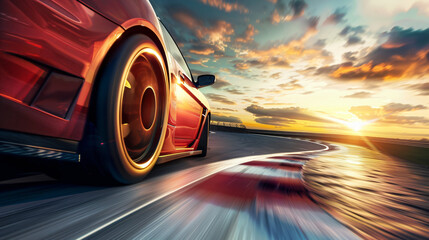 Racing car riding fast on bended racing circuit. - obrazy, fototapety, plakaty